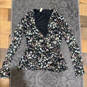 Floral Wrap V-Neck Long Sleeve Top - Black Pink Floral